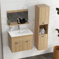 kleankin Set di Mobili per il Bagno Armadietto Specchiera, Mobile Sottolavabo Sospeso con Lavabo, Colonna, Naturale