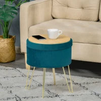 Pouf Contenitore 2 in 1 con Funzione Sgabello e Tavolino, in Legno e Tessuto Verde, Metallo con Finitura Oro, 36x36x45cm