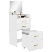 Tavolo da toeletta 3-in-1 con specchio, comodino, sgabello a rotelle, cassetti, Bianco