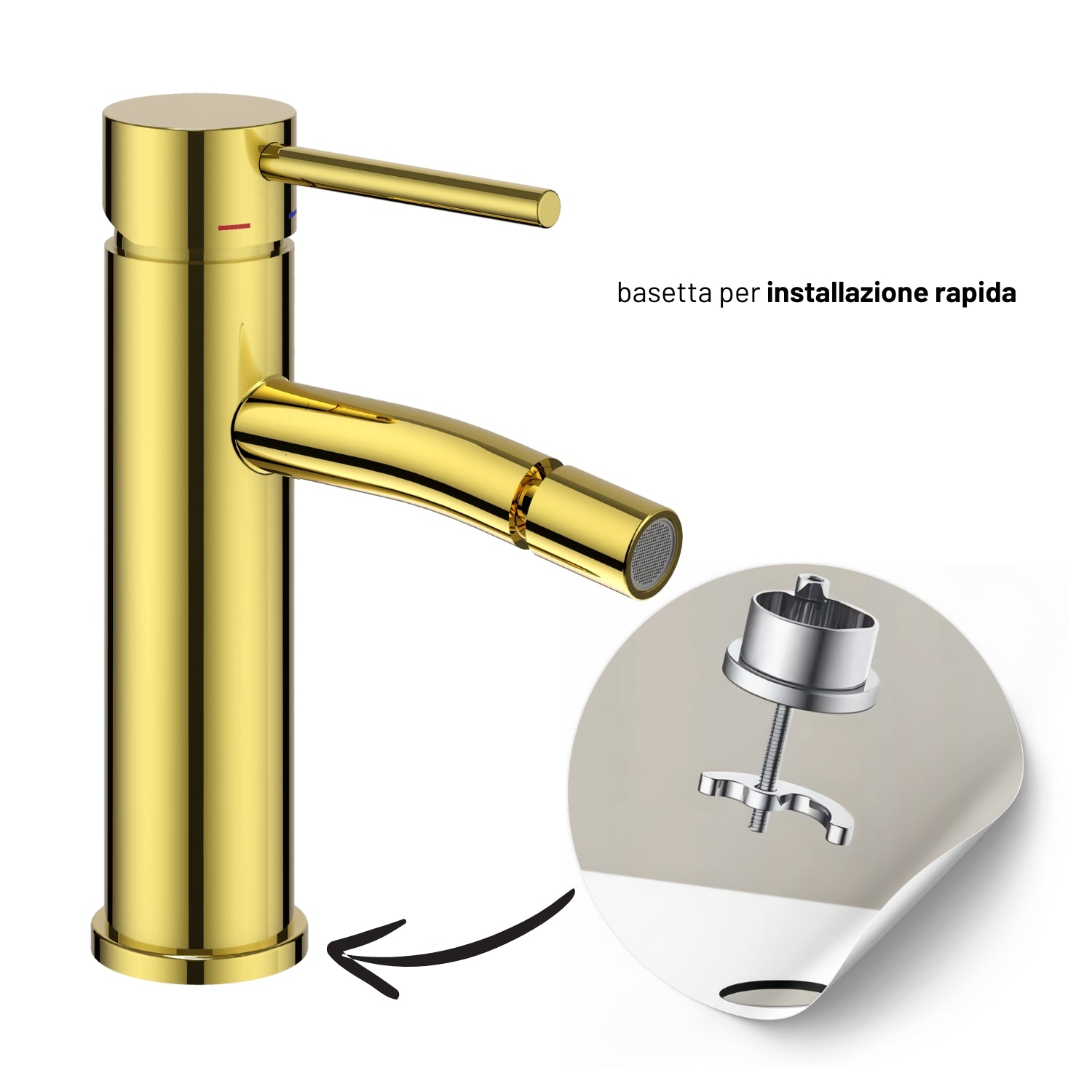 Miscelatore monocomando per bidet serie jazz installazione rapida con piletta click clack *** finitura- oro lucido, c...
