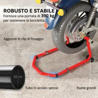 Cavalletto Moto Anteriore e Posteriore con Capacità 390 kg, Forcelle a U e L, Rotelle e Cuscinetti Antiscivolo, Rosso