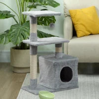 Tiragraffi per Gatti con Casetta, 2 Piattaforme e Pallina, in Legno, Sisal e Peluche, 50x30x81.5 cm, Grigio