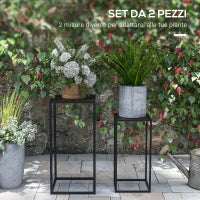 Tavolino Portapiante Set 2 Pezzi in Acciaio per Interni ed Esterni, 25x25x58.5 cm e 31x31x65 cm, Nero
