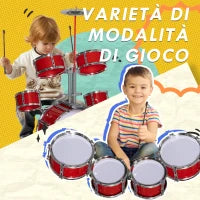 Set Batteria per Bambini da 5 Pezzi con Grancassa con Pedale, Tamburi, Piatto e Sgabello, Età 3-6 Anni, Rosso