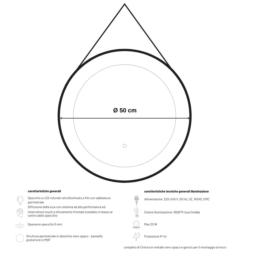 Specchio 5 mm tondo alluminio nero retroilluminato interruttore touch *** misura Ø50, tonalità dimmerabile 2700-450...