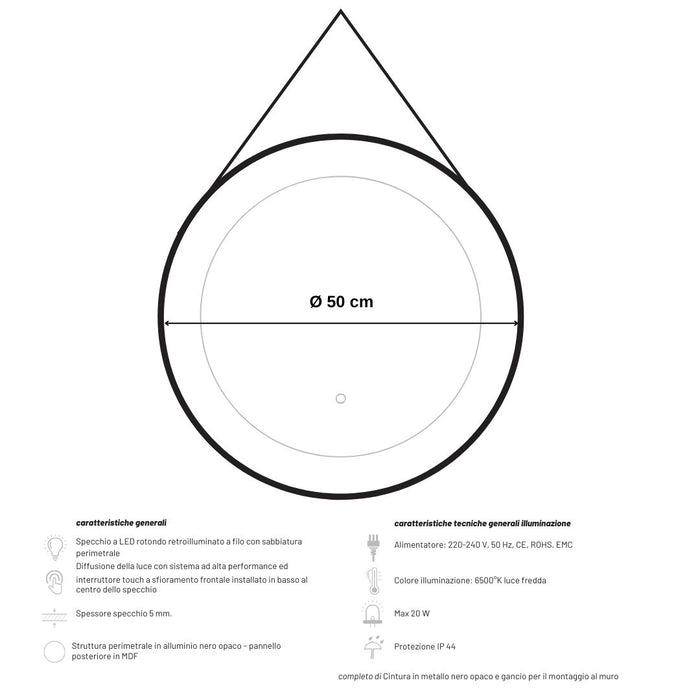 Specchio 5 mm tondo alluminio nero retroilluminato interruttore touch *** misura Ø50, tonalità dimmerabile 2700-450...