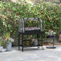 Fioriera rialzata con copertura trasparente, 2 ruote e 1 ripiano inferiore, dim. 80L x 40l x 120H cm