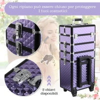 Valigia Porta Trucchi Professionale, Trolley Makeup da Viaggio in Alluminio, 2 Ruote, Viola 33.5x23x76/95.5cm