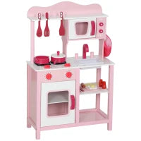 Cucina Giocattolo per Bambini 3+ Anni con Microonde, Piano Cottura e Lavandino, in Legno, 55x24x86 cm, Rosa
