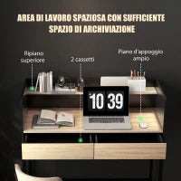 Scrivania 2 Cassetti con Ripiano Superiore, in Legno e Acciaio, 106x51.5x102.5 cm, Nero e color Quercia