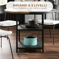 Tavolo da Pranzo per 4-6 Persone con 2 Ripiani Integrati, in Acciaio e MDF, Ø100x76 cm, Nero e Marrone