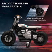 Moto Elettrica per Bambini 3-5 Anni in PP e Metallo con Rotelle, Clacson e Musica, 86x44x58 cm, Bianca e Nera