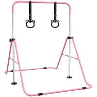 Sbarra Ginnastica Artistica per Bambini ad Altezza Regolabile con 2 Anelli, in Acciaio, 148x105x88-128 cm, Rosa