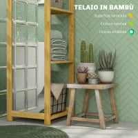 Scaffale da Bagno con Specchio e 6 Ripiani a Doghe in Bambù, 35x35x168cm, Colore Legno