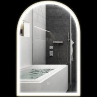 Specchio da Bagno LED 90 x 60cm, a Parete, 3 Colori, Arco Cornice in Alluminio, Sbrinamento e Interruttore Tattile, Oro