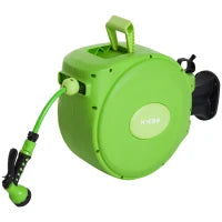 Outsunny Avvolgitubo da Giardino Retrattile con Tubo dell'Acqua 20 m, Rullo Avvolgitubo da Parete Girevole a 180°, Avvolgitubo Automatico Tubo da Giardino per Irrigazione in plastica, Verde
