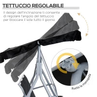 Dondolo da Giardino a 3 Posti in Metallo, Tetto Parasole Rimovibile e Lavabile, Nero e Argento, 171x108x154cm