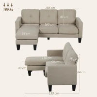 Divano angolare 3 Posti con chaise longue reversibile, 186x130x84 cm, Beige