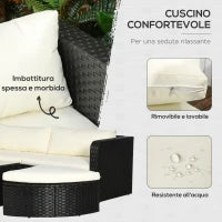 Salotto da Giardino con 2 Poltrone e 2 Poggiapiedi in Rattan PE, Tavolino in Vetro, Nero