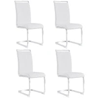Set di 4 sedie da pranzo a sbalzo, struttura in metallo cromato, Schienale in pelle PU, 42x 54 x 100 cm, Bianco