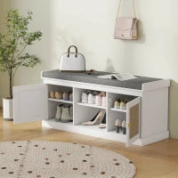 Panca Porta Scarpe con Ante Frontali in Rattan e Ripiani Regolabili 105x35x47 cm Bianco