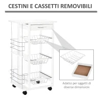 Carrello Isola da Cucina Salvaspazio in Legno di Pino, Carrello Portavivande con 4 Ruote Cassetto 3 Cesti Estraibili Portafrutta, Bianco