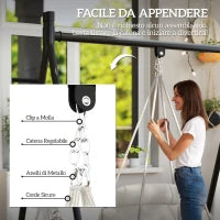 Poltrona Sospesa in Stile Boho con Cuscino, in Acciaio, Cotone e Poliestere, 80x60x40 cm, Bianco Crema