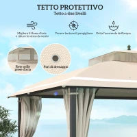 Gazebo da Giardino 3.7 x 3 m con Zanzariera, Tende Laterali e Doppio Tetto, Beige