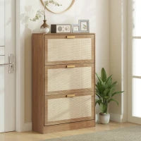 Mobile Scarpiera per 18 Paia di Scarpe con 3 Cassetti Ribaltabili in Legno e Rattan, 80x25x120 cm, Marrone