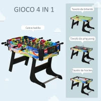 Tavolo da Gioco 4 in 1 Pieghevole per Calcio-Balilla, Biliardo, Air Hockey e Ping Pong, in MDF e Plastica