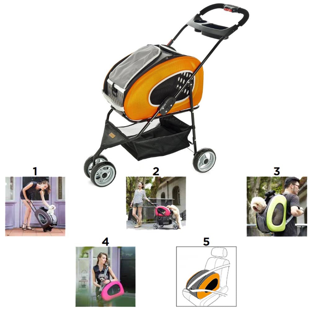 Passeggino per animali 5 in 1 max 8 kg pet rolling combo cani gatti e piccoli animali arancione
