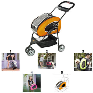 Passeggino per animali 5 in 1 max 8 kg pet rolling combo cani gatti e piccoli animali arancione