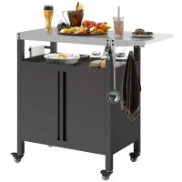 Carrello per Barbecue con Armadietto, Ripiano Aperto e Tavolino Laterale, in Acciaio Inox, 116x50x93 cm, Nero