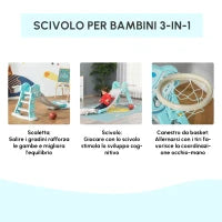 Scivolo per Bambini da 18 Mesi Pieghevole con 3 Scalini e Canestro Basket, 140x87x75cm, Blu e Grigio