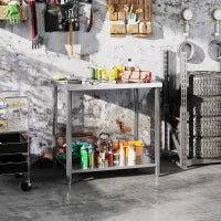 Tavolo da lavoro in acciaio inox 2 ripiani, per cucina, garage, giardino, 90 x 60 x 86 cm, argentato