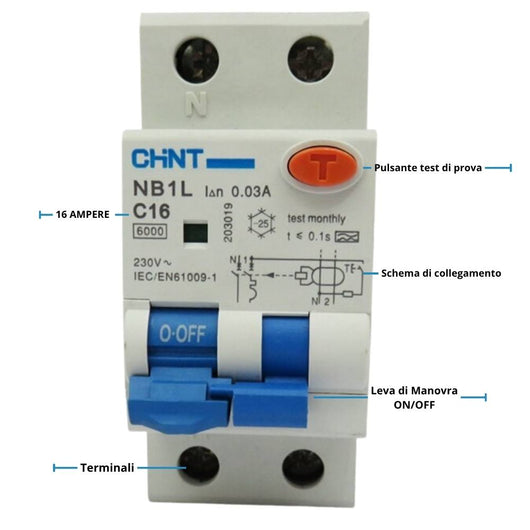 Chint serie nb1l1 interruttore magnetotermico differenziale 1p+n alta protezione *** ampere 16 ampere, confezione 1