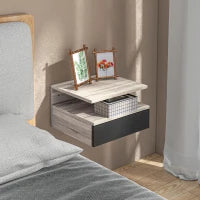 Set di 2 Comodini Sospesi Moderni con Cassetto e Mensola Superiore, 35x32x22.5cm, Rovere e Nero