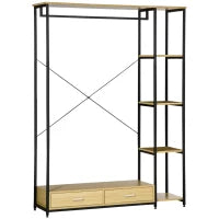 Appendiabiti in Stile Industriale con 2 Cassetti e 4 Ripiani Aperti in Dotazione, in Acciaio e Truciolato, 130x40x180cm, Color Legno e Nero