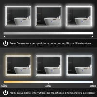 kleankin Specchio Bagno con Luce LED 3 Livelli Rettangolare, Antiappannamento e Interruttore Touch, 90x70cm