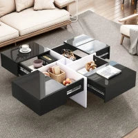 Elegante Tavolino da Caffè Lucido con Vano Portaoggetti Integrato e 4 Cassetti, 70×70×35 cm, Nero e Bianco