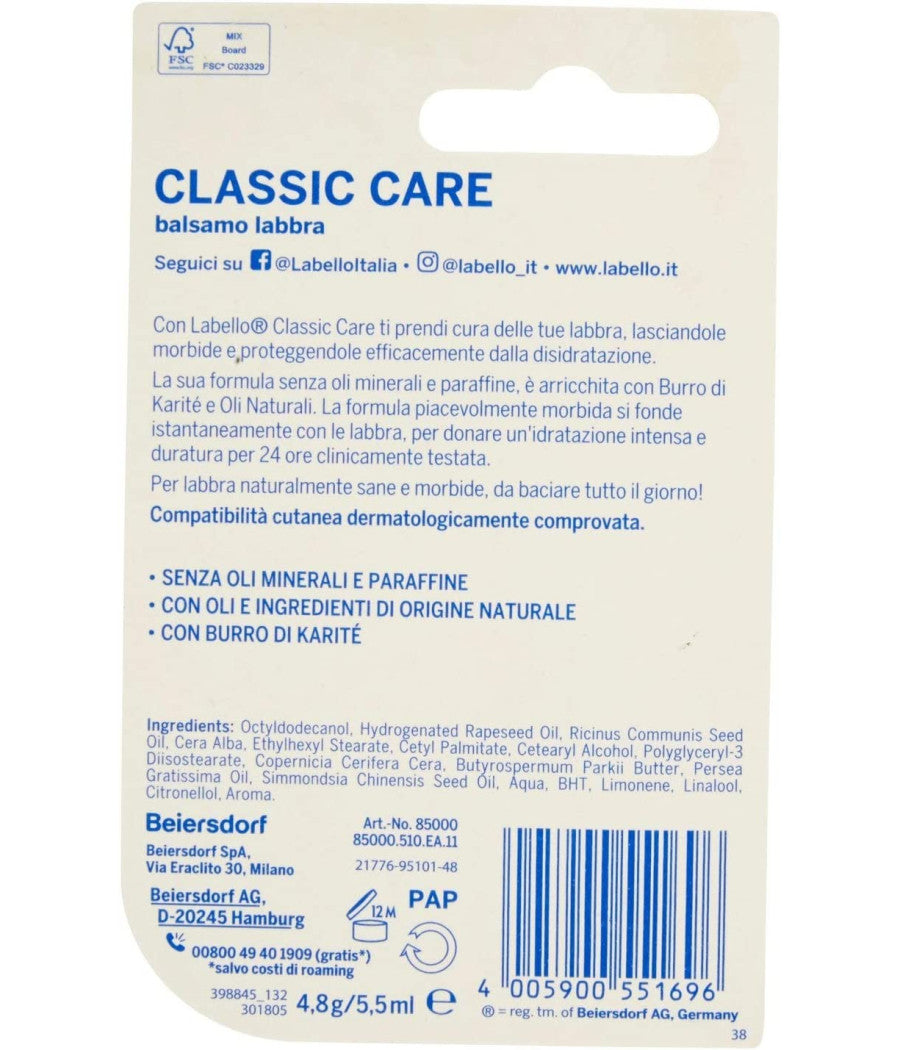 Labello Classic Care Stick Balsamo Labbra Formula Senza Oli Minerali E Parabeni         