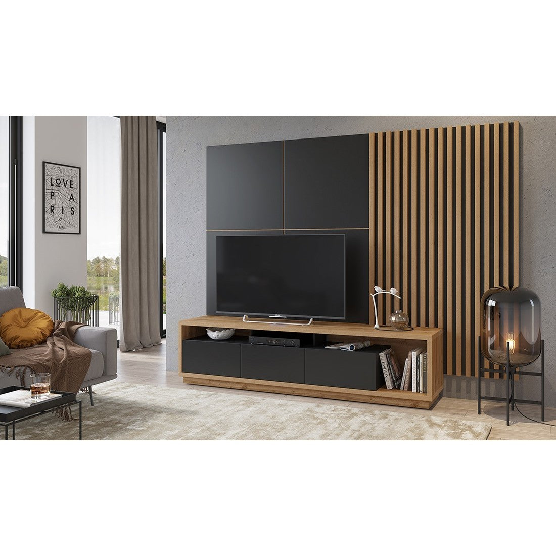 Lamelle murali XL effetto rovere su supporto nero opaco collezione CLARA