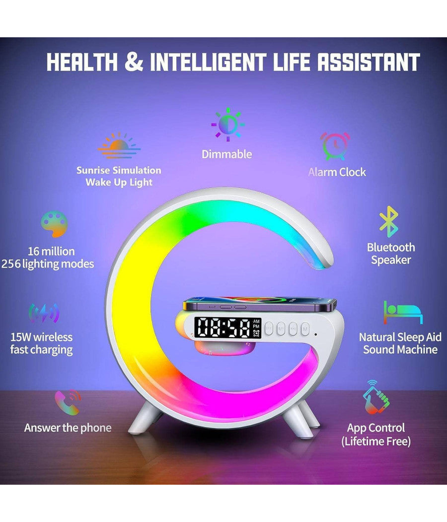 Lampada A Forma Di G Multicolor Con Cassa Speacker E Caricabatteria Ad Induzione         