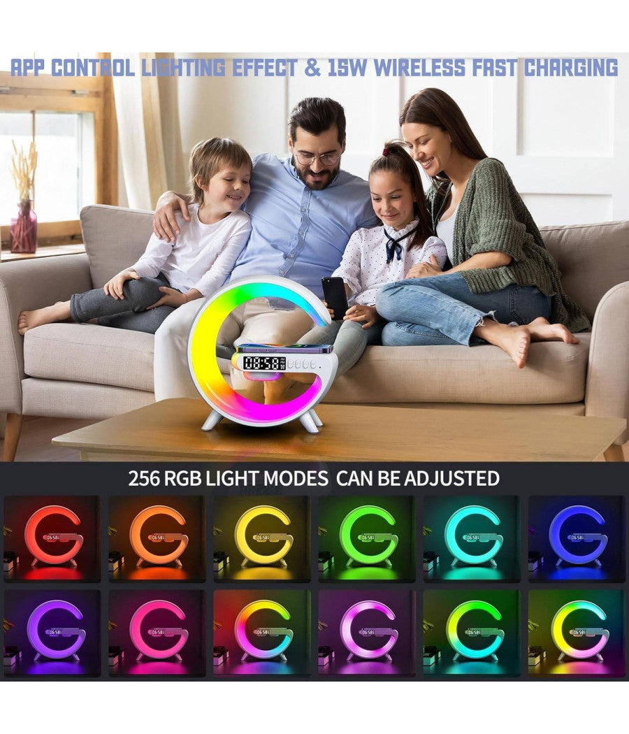 Lampada A Forma Di G Multicolor Con Cassa Speacker E Caricabatteria Ad Induzione         