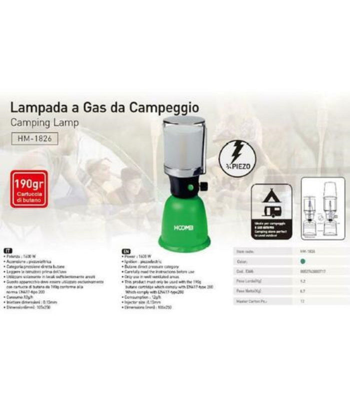 Lampada A Gas Da Campeggio 190 Gr 1600w Accensione Piezoelettrica Con Paralume         