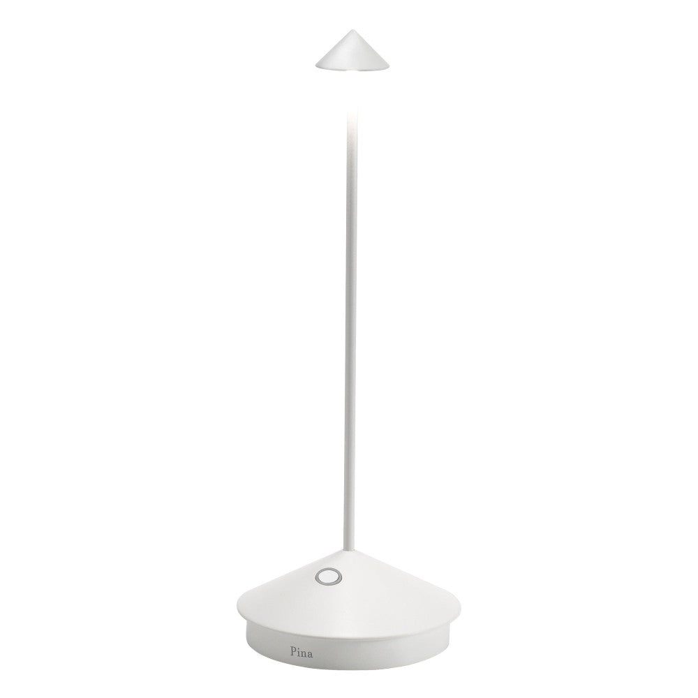 Lampada a led da tavolo Pina Pro Bianca ricaricabile e dimmerabile senza fili Zafferano CCT 2200-2700-3000K IP54 Batteria da 12h