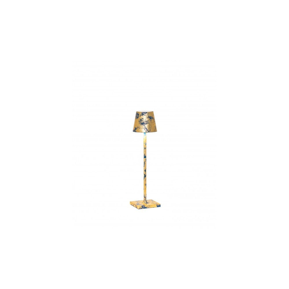 Lampada a led da tavolo Poldina Pro Micro Blu Capri opaco Foglia Oro Craquelè ricaricabile e dimmerabile con batteria fino a 12 ore