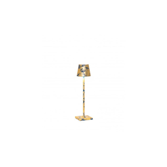Lampada a led da tavolo Poldina Pro Micro Blu Capri opaco Foglia Oro Craquelè ricaricabile e dimmerabile con batteria fino a 12 ore