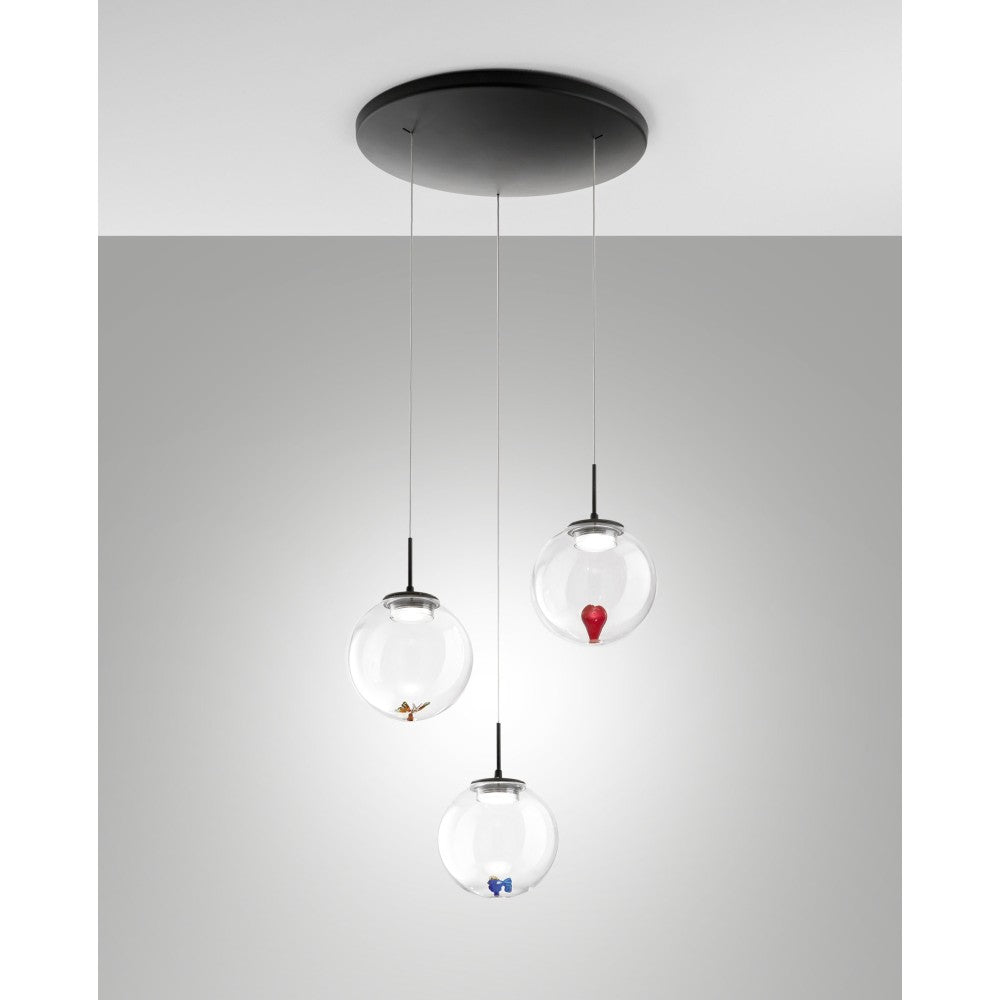 Ariel - Lampada a sospensione circolare 3 luci con forme Fabas Luce - LED 21W dimmerabile - Trasparente Rosone rotondo d.35cm