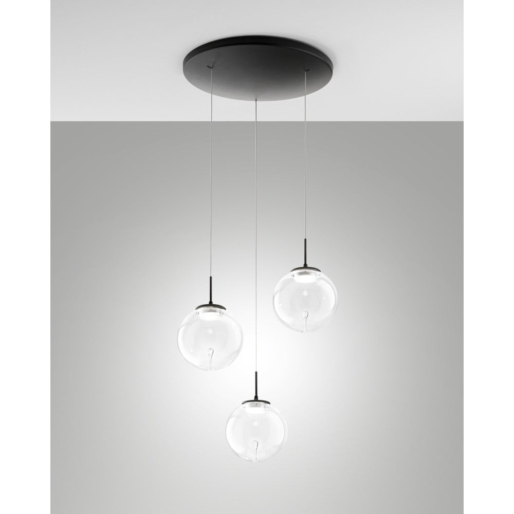 Ariel - Lampada a sospensione circolare 3 luci Fabas Luce - LED 21W dimmerabile - Trasparente Rosone rotondo d.35cm